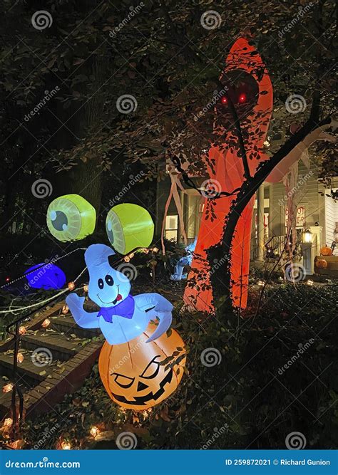 Scary Halloween Decorations at Night Stock Image - Image of holiday ...