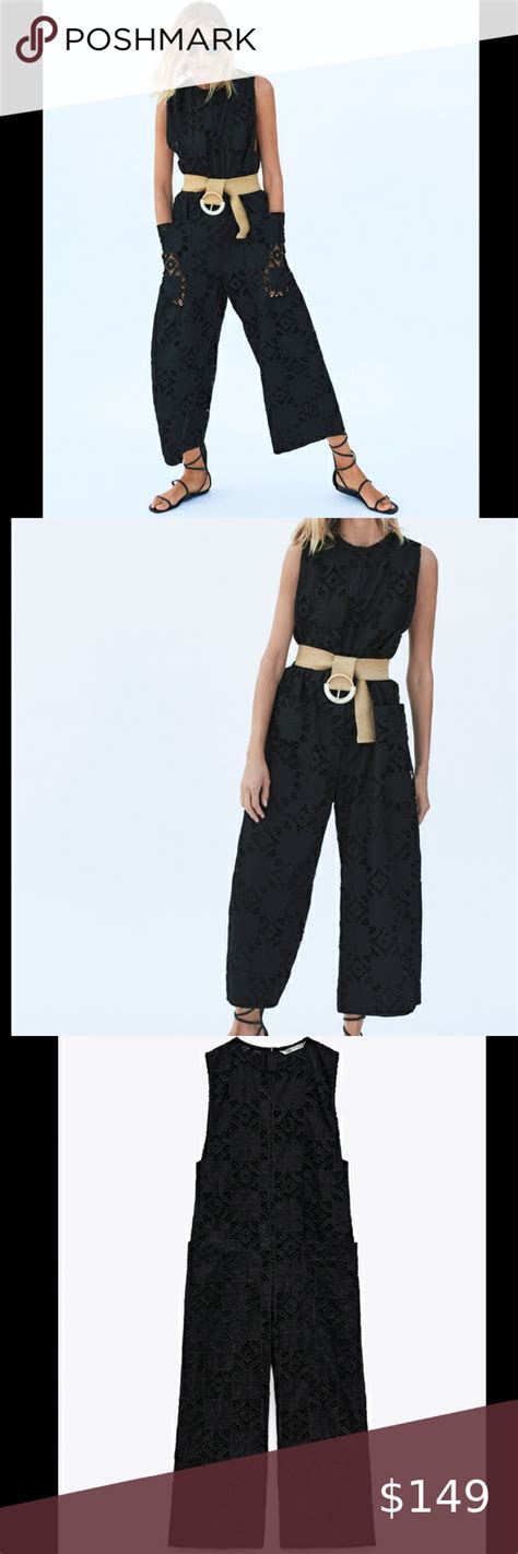 Zara Limited Edition Black Eyelet Sleeveless Wide Leg Jumpsuit Size Xs