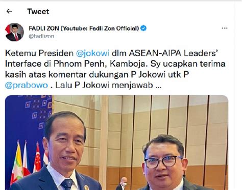 Kerap Kritik Presiden Fadli Zon Unggah Foto Akur Bersama Jokowi