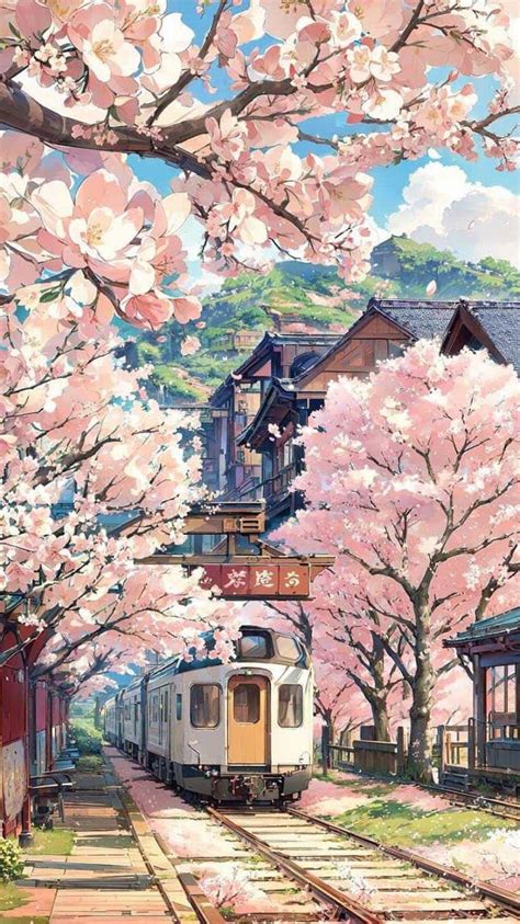 Cherry Blossom Trees Train Station Japan Iphone Wallpaper Hd Iphone