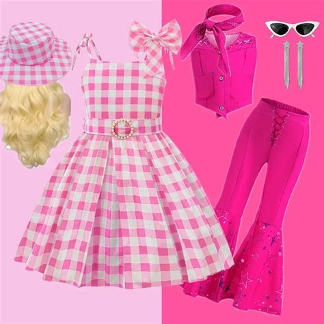 Hot Movie Barbi Costume For Girls Cosplay Pink Plaid Dress Pink Top