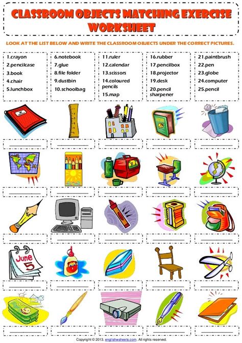 Classroom Objects Supplies Vocabulary Matching Exercise Worksheet