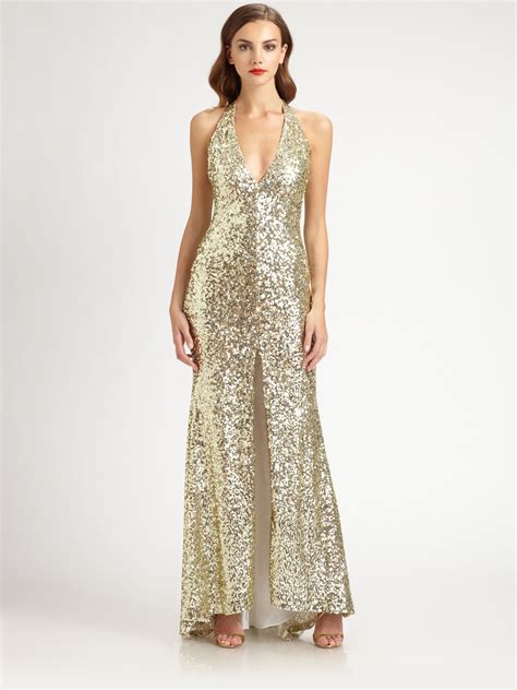 Lyst Badgley Mischka Sequined Halter Gown In Metallic