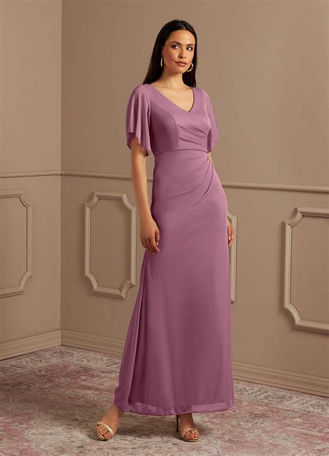 Vintage Mauve Azazie Selah A Line V Neck Ruched Mesh Floor Length Dress