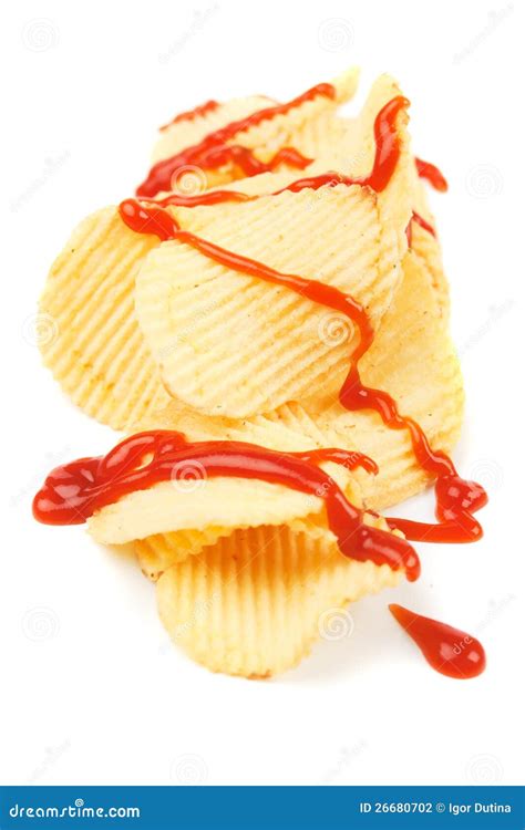 Potato chips with ketchup stock photo. Image of unhealthy - 26680702