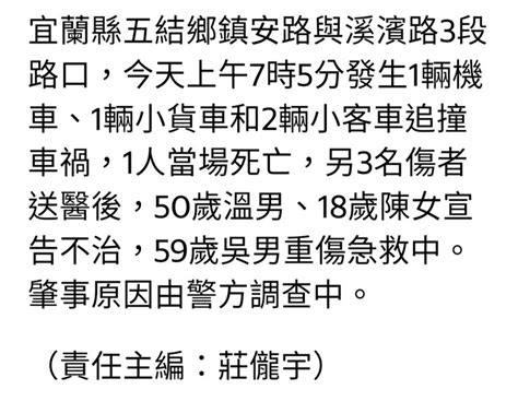 重大車禍 宜蘭五結今早4車追撞釀3死1重傷宜大教授搶救6天不治 Mobile01