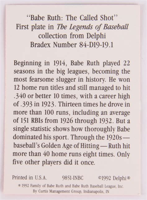 Babe Ruth Le Yankees The Called Shot Delphi Porcelain Plate With Card Pristine Auction
