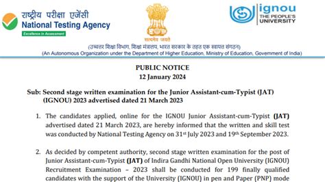 Ignou Junior Assistant Cum Typist Jat Recruitment Stage Ii