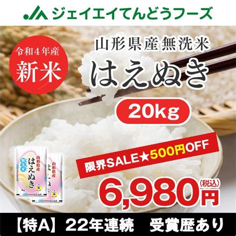 新米 お米 令和4年 山形県産 はえぬき 無洗米 20kg（5kg×4袋） 時短 産地直送 Rhm2004の通販はau Pay マーケット