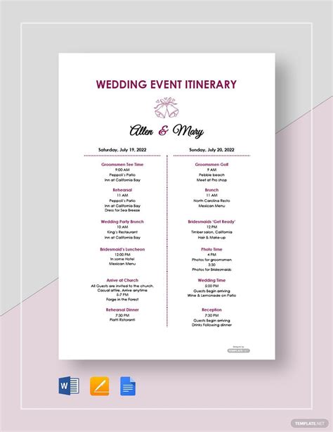 Wedding Itinerary Template Google Docs