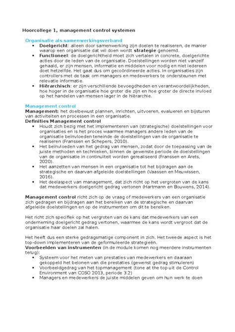 Hoorcollege Week 1 Hoorcollege 1 Management Control Systemen