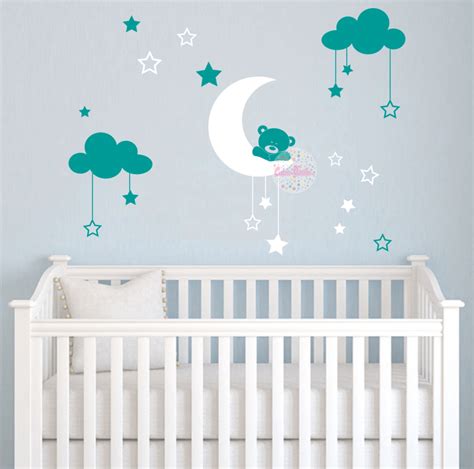 Vinilo Infantil Osito En Luna Con Nubes Y Estrellas CDM Vinilos