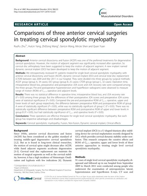 Pdf Comparisons Of Three Anterior Cervical Surgeries In Treating