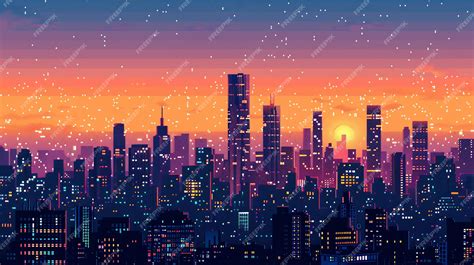 Premium Photo Pixel Art Of A Cityscape At Sunset With Stars In The Sky