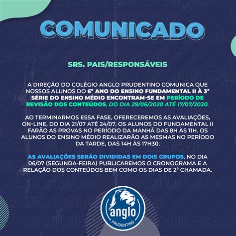 Comunicado sobre as avaliações do Fund II e EM Colégio Anglo Prudentino