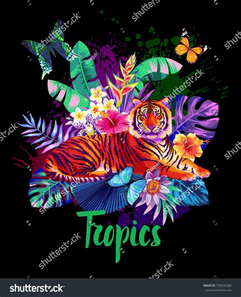 Tropical Summer Arrangement Tiger Palm Leaves Stock Vector Royalty