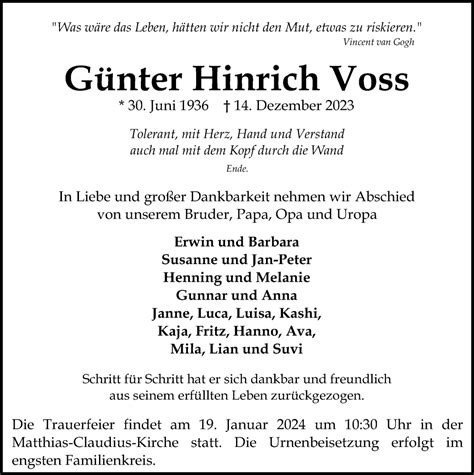 Traueranzeigen von Günter Hinrich Voss trauer anzeigen de