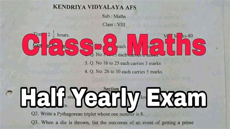 Half Yearly Exam Class Maths Exam Question Paper For Kendriya