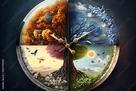 Four Seasons In A Clock Made With Generative Ai Stock Illustration