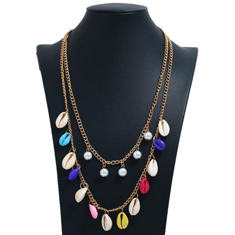 Bohemian Multilayer Perle Schalen Kette Halskette Gold Farbe Vintage