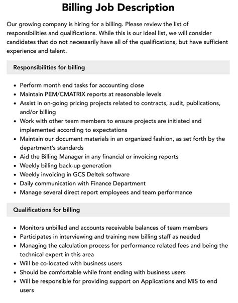 Billing Job Description Velvet Jobs