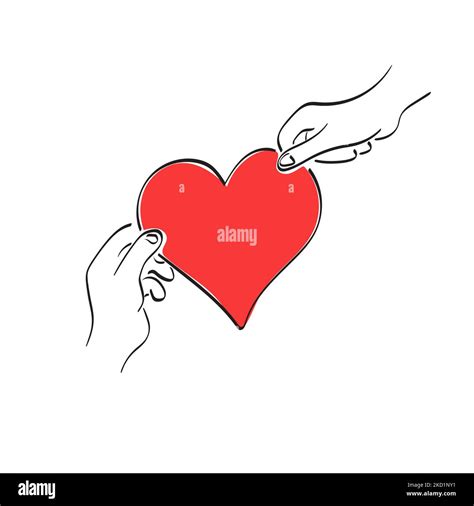 Male And Female Hands Holding Big Red Heart Illustration Vector Hand Drawn Isolated On White