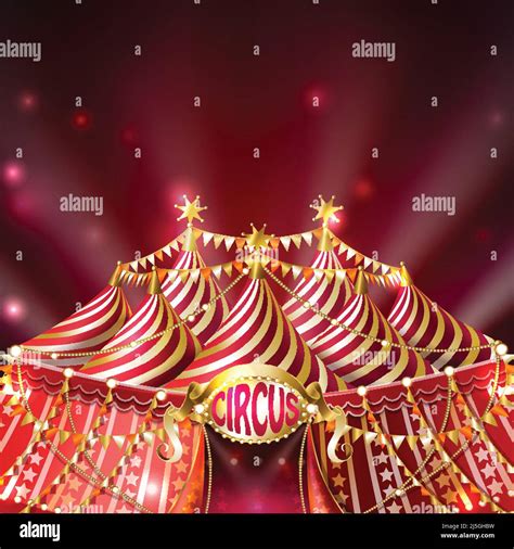 Vector Striped Circus Tent With Golden Flags Stars And Illuminated