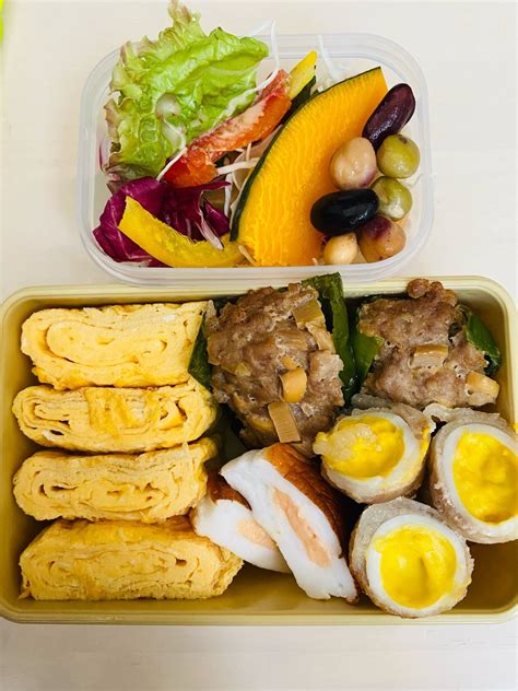 今日のお弁当 425肉詰めピーマン。うずら卵の豚肉巻き。他 毎日幸せごはん愛夫弁当