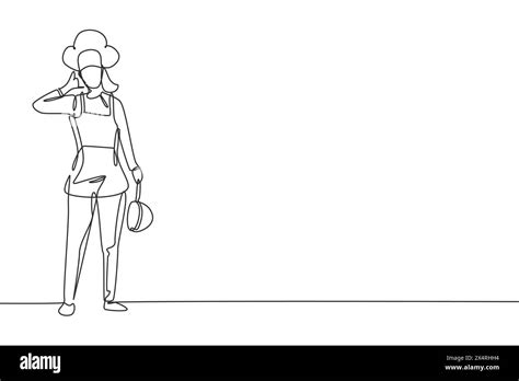 Single One Line Drawing Female Chef Stands With Call Me Gesture