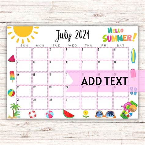 Cute July Calendar Etsy