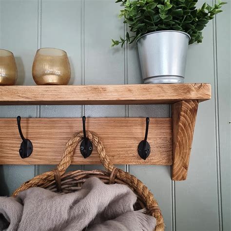 Rustic Reclaimed Wooden Coat Rack With Shelf Wall Mounted Etsy