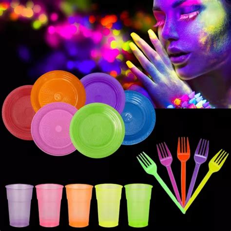 Kit Festa Neon 300 Item Copo Prato Prato 100 Pessoas Descart