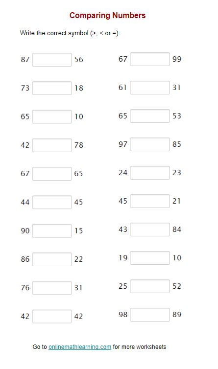 Comparing Numbers Worksheets (First Grade, printable)