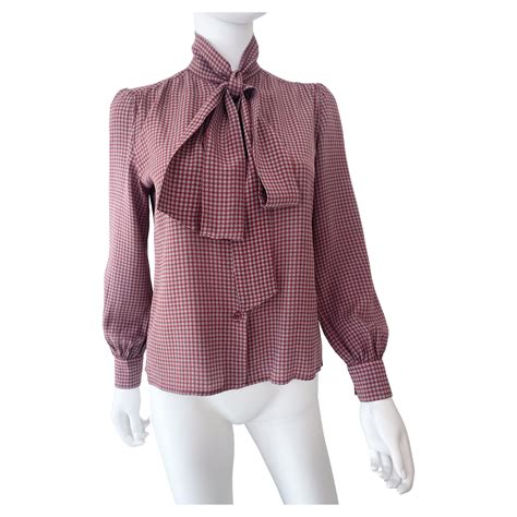 Vintage 1970s Silk Pussy Bow Blouse Top Burgundy And Gray Pied De Poule