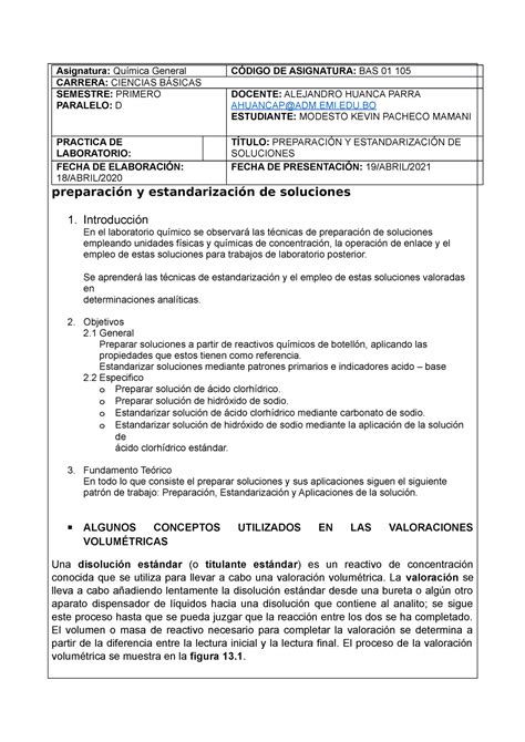 Informe Preparaci N Y Estandarizaci N De Soluciones Asignatura