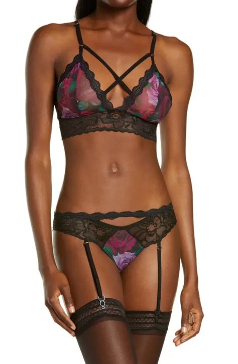 Mapale Lace Trim Floral Print Bralette And Thong With Garter Straps Set