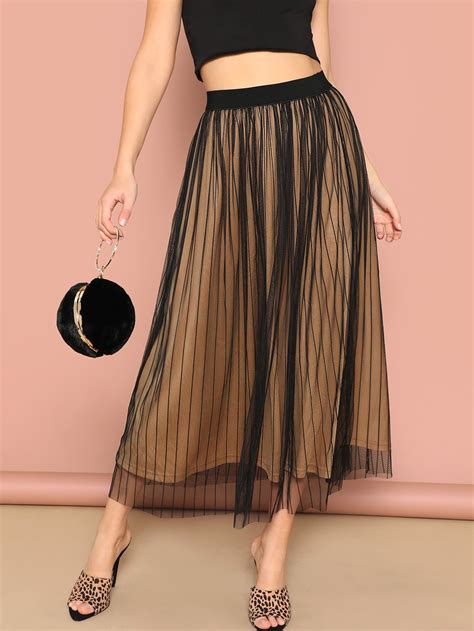 Elastic Waist Striped Mesh Overlay Skirt Shein Uk