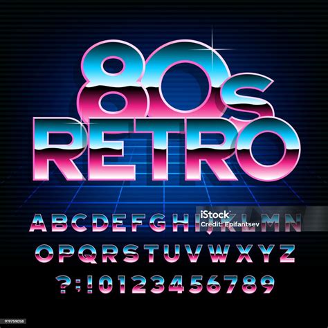 80s Retro Alphabet Font Metallic Effect Type Letters And Numbers Stock Illustration Download