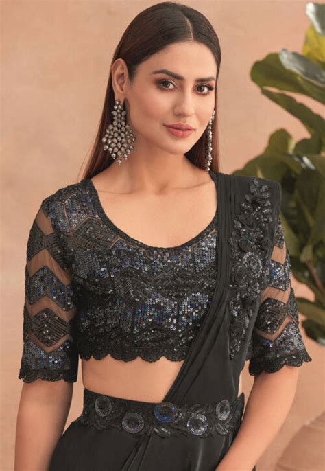 Buy Pre Stitched Satin Georgette Lehenga Style Saree In Black Online