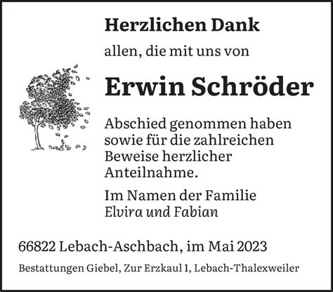 Traueranzeigen Von Erwin Schr Der Saarbruecker Zeitung Trauer De