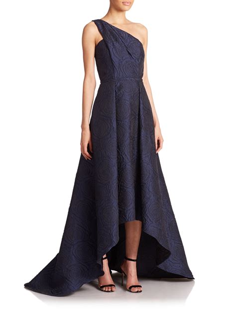 Pamella Roland One Shoulder Jacquard Gown In Navy Blue Lyst