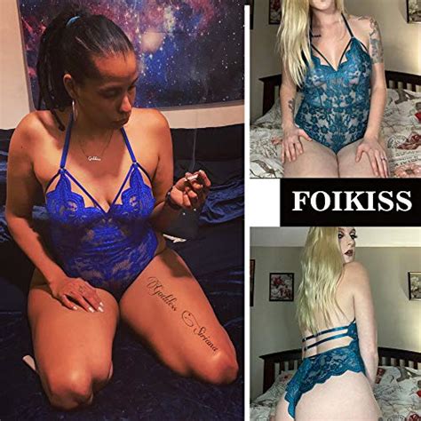 Foikiss Women Blue Lingerie Snap Crotch Teddy Deep V Sexy Lace Bodysuit