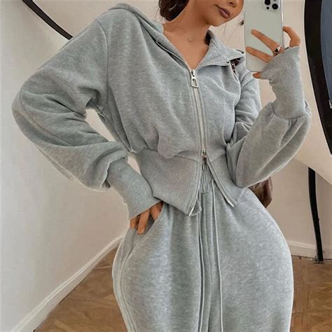 Grey Bluzy Z Kapturem Dres Damski P Aszcz Podw Jny Zapinany Kr Tki Top