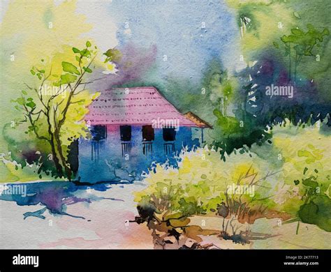 Beautiful Rural India Watercolor Painting With Village House And Trees