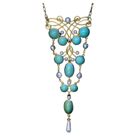 Art Nouveau Antique Turquoise Pearl Gold Necklace For Sale At 1stdibs