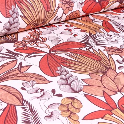 Tissu Coton Imprim Arty Feuilles De Palmier Terracotta Sur Fond Blanc