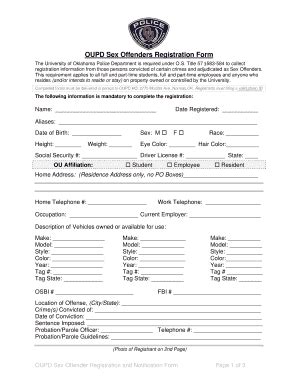 Fillable Online Ou OUPD Sex Offenders Registration Form University Of