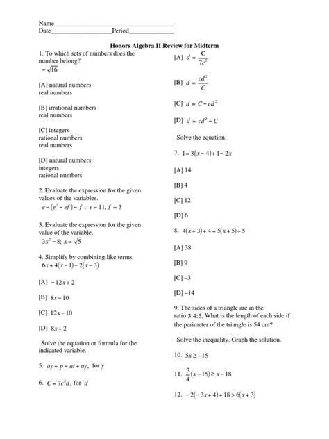 Algebra II Honors Midterm Review | PDF | Mathematical Objects ...
