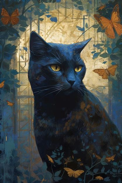 Una Pintura De Un Gato Negro Con Ojos Amarillos Y Un Fondo Azul Con