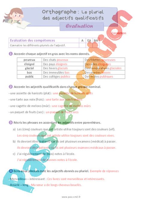 Le pluriel des adjectifs qualificatifs Évaluation d orthographe pour